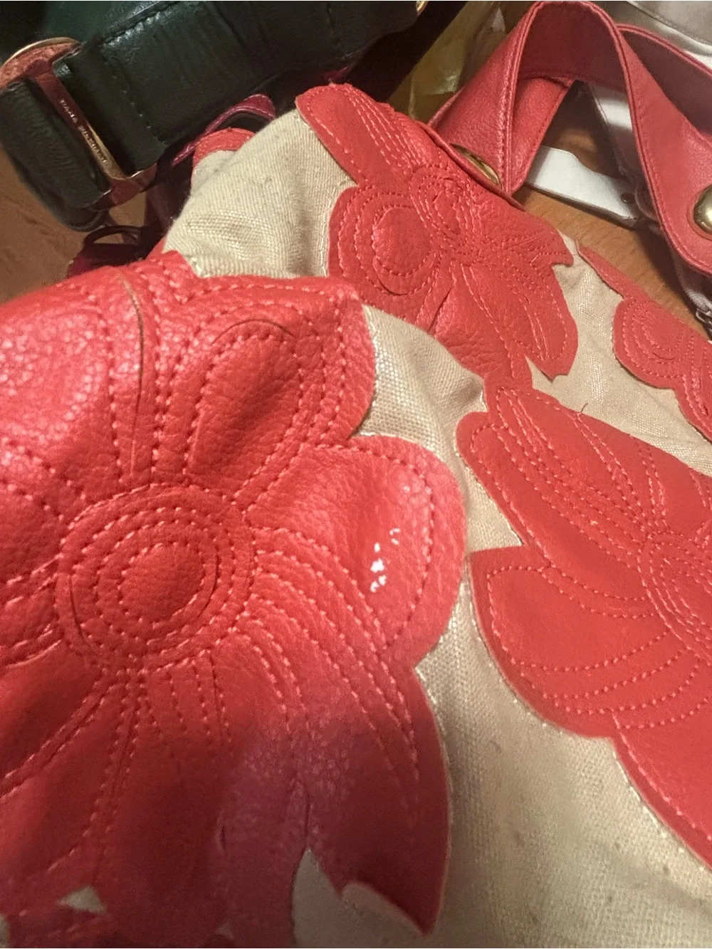 Big Buddha Coral and Cream Floral Appliqué Tote